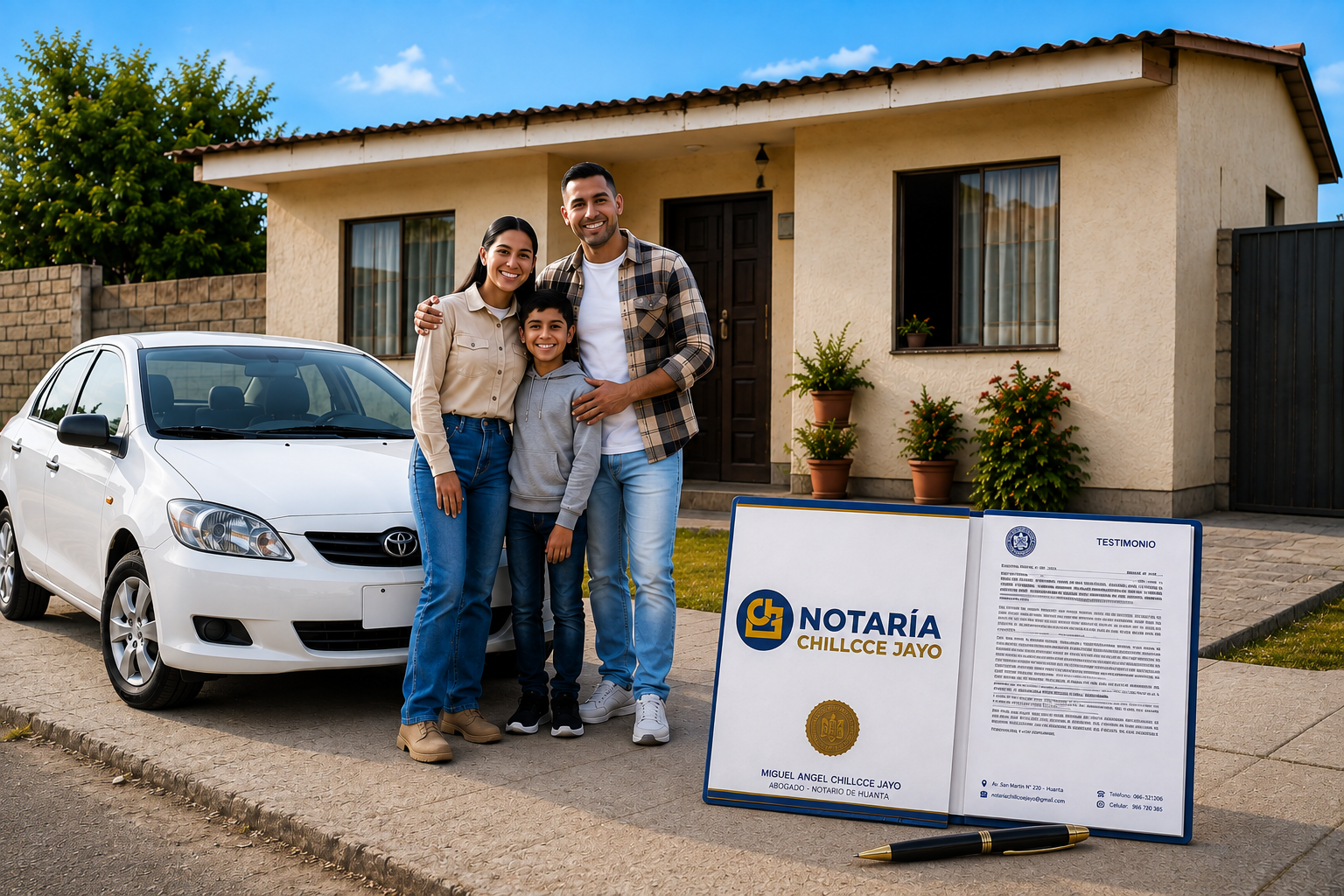 Familia protegida por la Notaría Chillcce Jayo, con su auto y el documento notarial